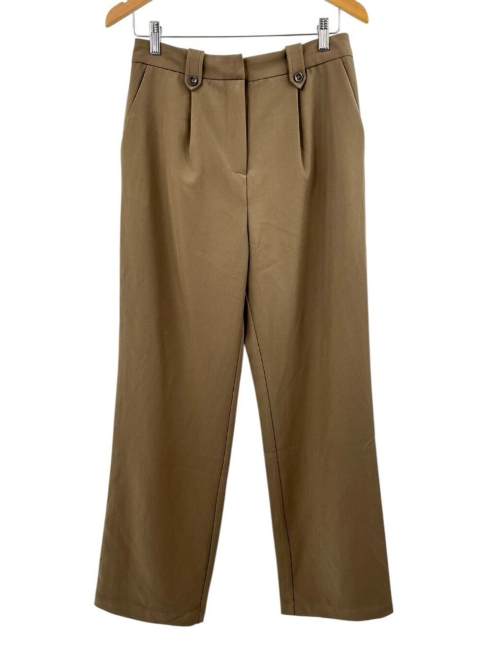 COMMENSE Women's Deep Brown Pleated Button Loop Wide Leg Pant Medium